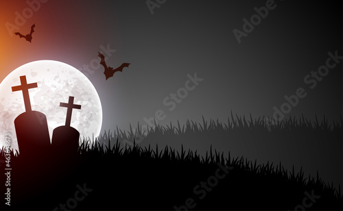 scary graveyard scene with moon and flying bats