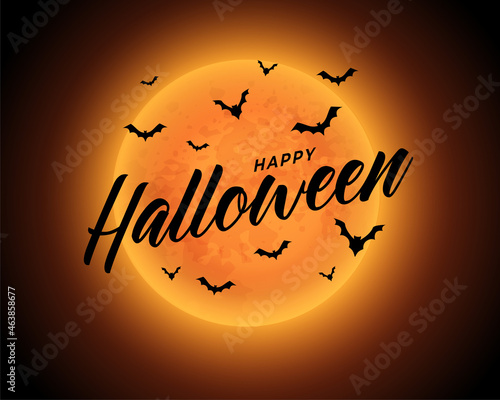 orange moon happy halloween background with flying bats