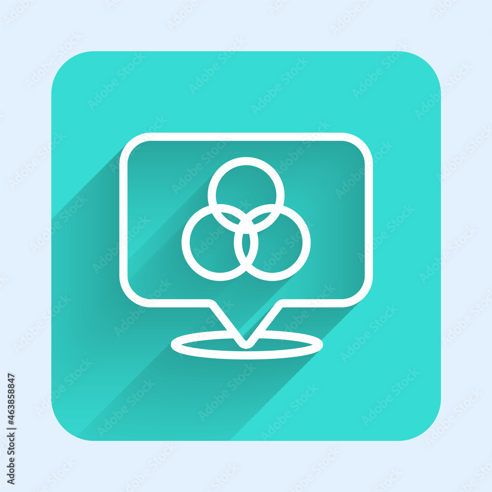 White line RGB and CMYK color mixing icon isolated with long shadow background. Green square button. Vector White line RGB and CMYK color mixing icon isolated with long shadow background. Green square button. Vector
