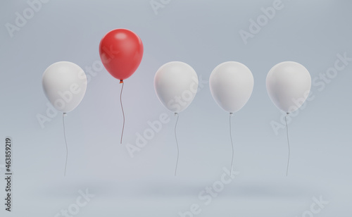 Successful business way  stand out from the crowd  different creative ideas  and develop working life concepts. One red balloon flying away from other white balloons on blue background. 3D render