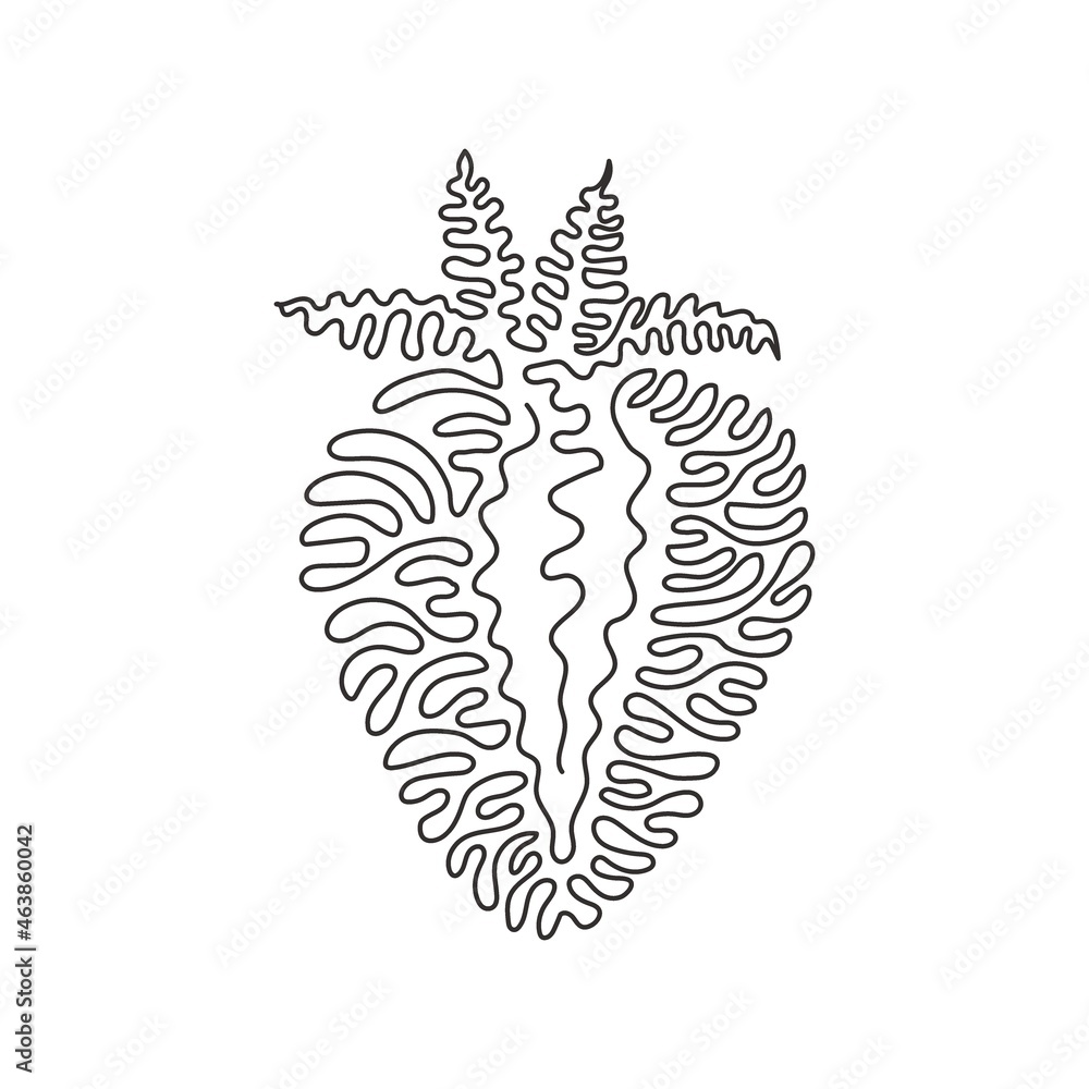 Continuous one line drawing sliced healthy organic strawberry for orchard logo identity. Fresh berry fruitage for fruit garden icon. Swirl curl style. Single line draw design vector illustration