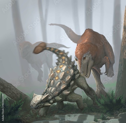Ankylosaurus fighting two young Tyranosaurs photo