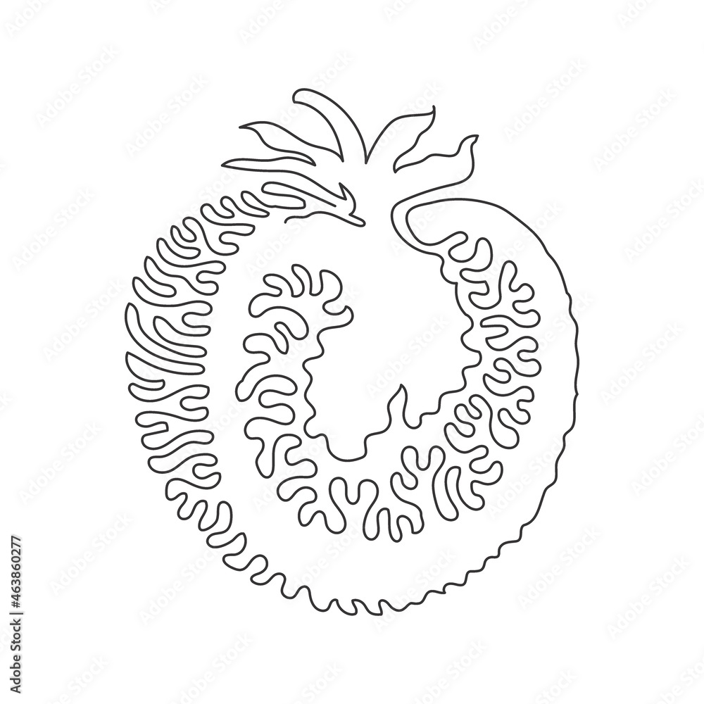 Fototapeta premium Single one line drawing sliced healthy organic tomato for farming logo identity. Fresh tropical vegetable concept for vegie garden icon. Swirl curl style. Continuous line draw design graphic vector