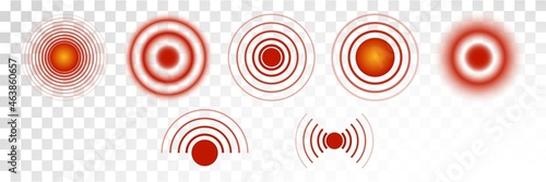 Set of pain red circle or ache localization icon. Vector isolated pain symbols. Muscle pain, painful headaches or health for logo, design, painkiller medicine, pill, package, or medical information