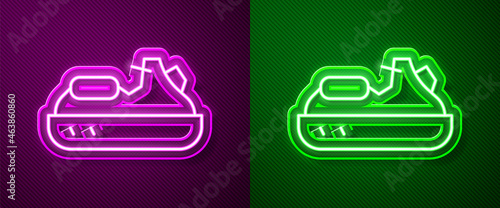 Glowing neon line Jet ski icon isolated on purple and green background. Water scooter. Extreme sport. Vector