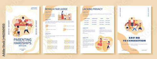 Parenting hardship flat vector brochure template. Flyer, booklet, printable leaflet design with flat illustrations. Magazine page, cartoon reports, infographic posters with text space