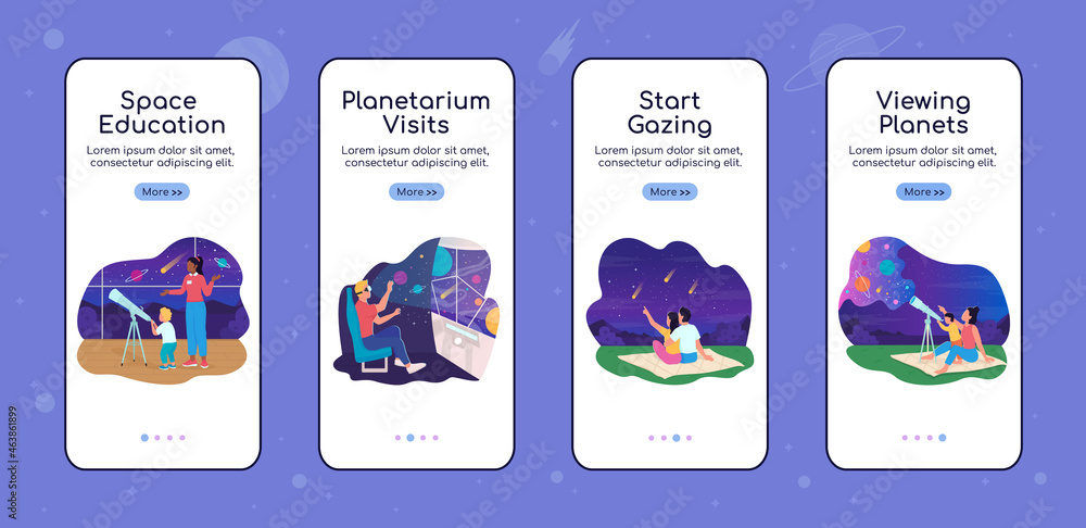 Space and science onboarding mobile app screen flat vector template ...