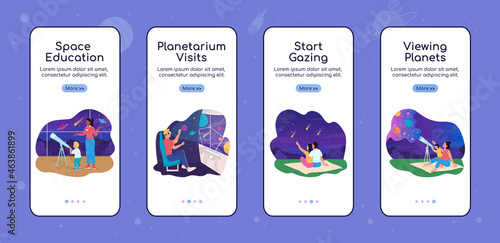 Space and science onboarding mobile app screen flat vector template. Walkthrough website 4 steps with characters. Creative UX, UI, GUI smartphone cartoon interface, case prints set