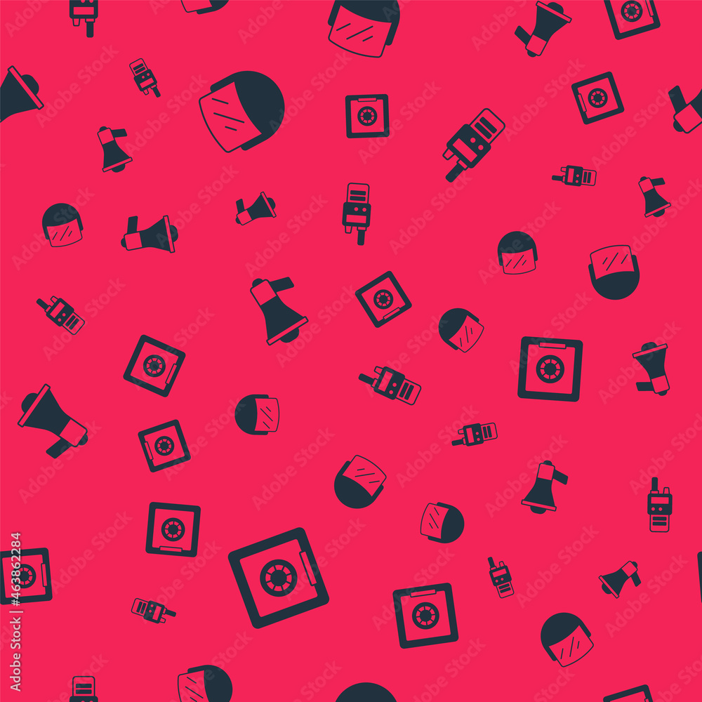 Set Safe, Police helmet, Megaphone and Walkie talkie on seamless pattern. Vector Set Safe, Police helmet, Megaphone and Walkie talkie on seamless pattern. Vector