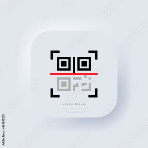 QR code scanning. Scan me. Read bar code, mobility, generating app, coding. Recognition or reading qr code in flat style. Neumorphic UI UX white user interface web button. Neumorphism. Vector EPS 10