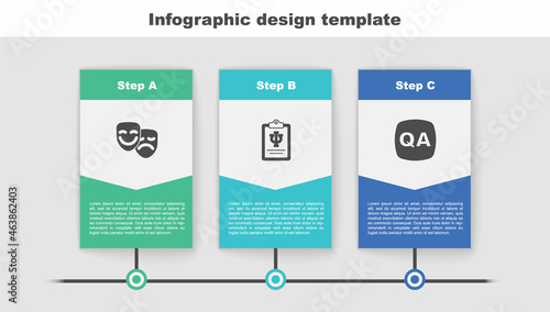 Set Comedy and tragedy masks, Psychology, Psi and Question Answer. Business infographic template. Vector