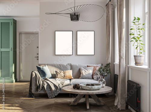 Fotografija 3d Rendering livinroom with comfortable gray sofa and table