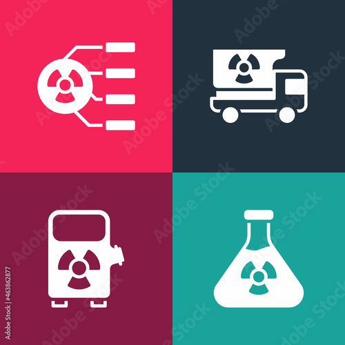 Set pop art Test tube radiation, Electric car charging station, Truck with materials and Radioactive icon. Vector