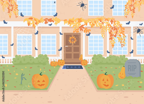 Halloween day house front flat color vector illustration. Pumpkin lanterns on lawn. Fall holiday. October event. Autumnal suburban 2D cartoon scenery with house exterior on background