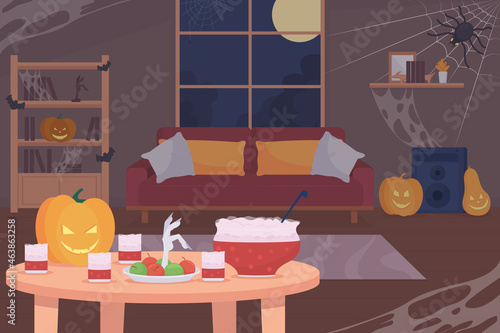 Halloween living room flat color vector illustration. Autumnal season event. Home party. Celebrate event in October. Decorated home 2D cartoon interior with furniture on background