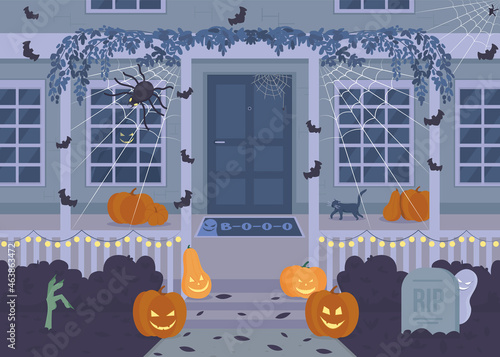 Halloween house at night flat color vector illustration. Carved pumpkins in front of house. Spiders and bats. Nighttime spooky 2D cartoon scenery with decorated home porch on background