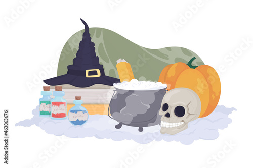Halloween witch decor 2D vector isolated illustration. Witch hat. Cauldron with potion. Creepy decorative flat composition on cartoon background. Holiday decoration colourful scene