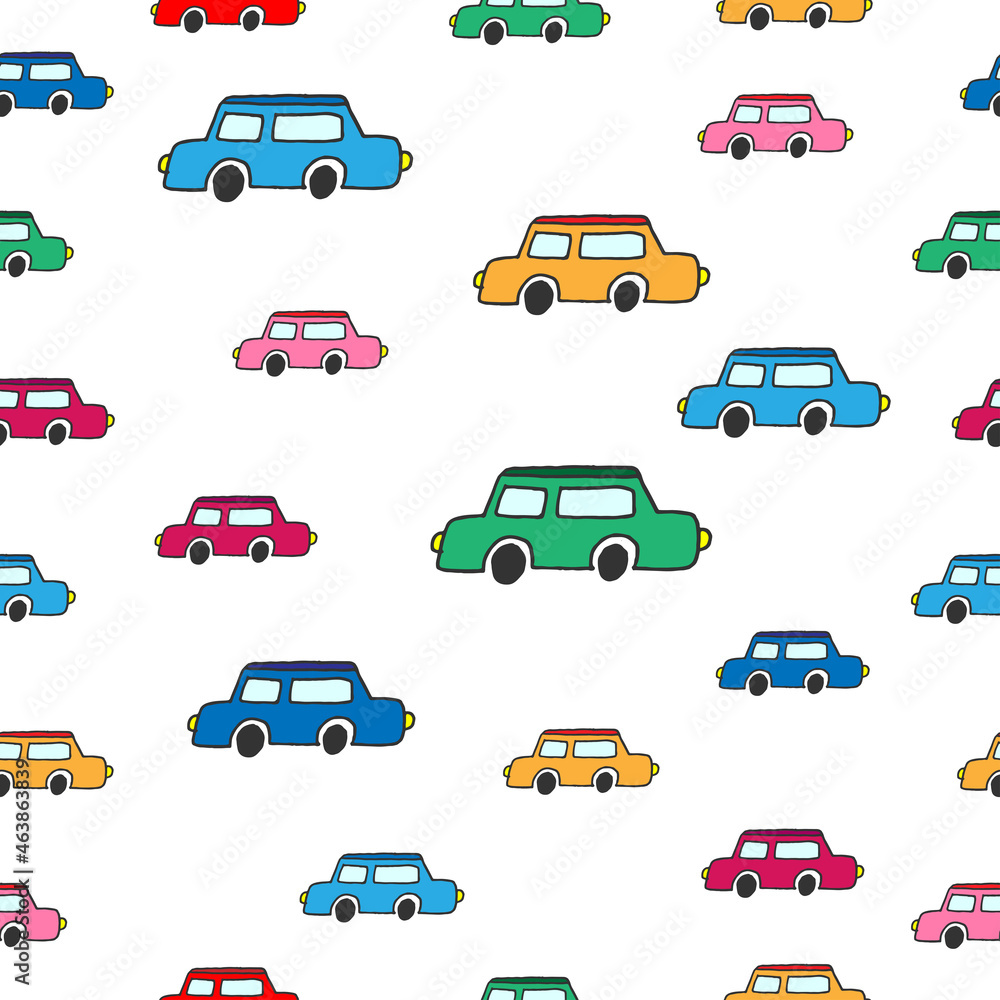 simple colorful car illustration on white background. vehicle icon. seamless pattern, hand drawn vector. doodle art for wallpaper, wrapping paper and gift, baby clothes, wall decoration, backdrop. 