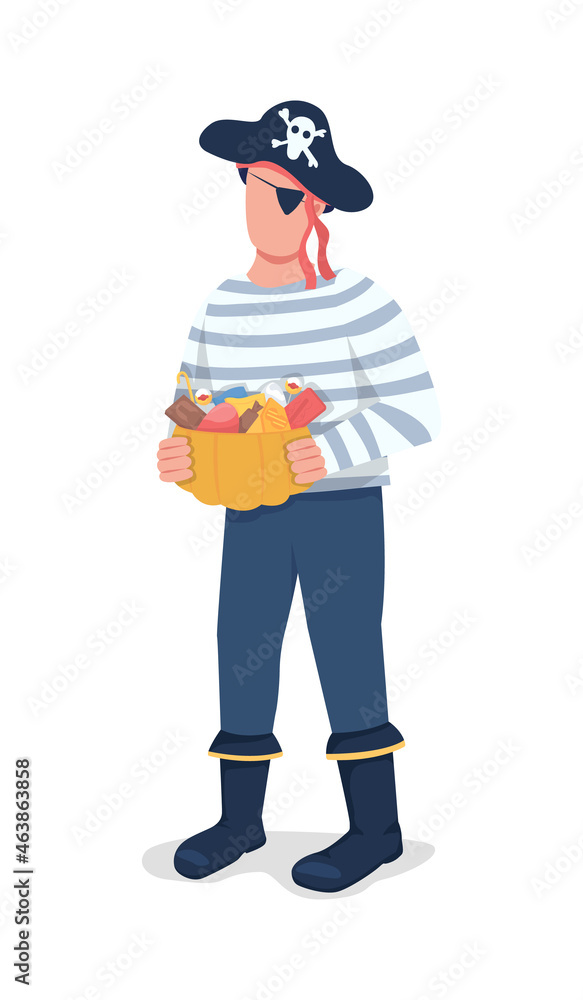 Man in pirate costume with treats semi flat color vector character. Full body person on white. Halloween party isolated modern cartoon style illustration for graphic design and animation