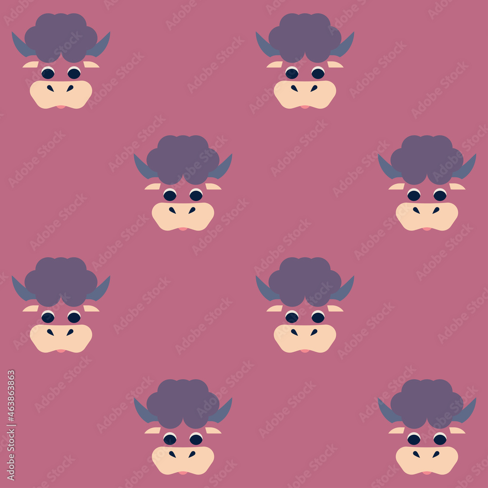 Fototapeta premium Seamless vector pattern with cute yaks, buffaloes character. Cute vector illustration for kids. Perfect print for fabric, textile, wallpaper, poster, postcard and gift wrapping. Pastel colors