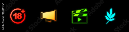 Set Plus 18 movie, Megaphone, Movie clapper and trophy icon. Vector