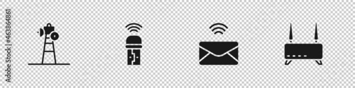 Set Satellite dish, Usb wireless adapter, Mail and e-mail and Router wi-fi signal icon. Vector