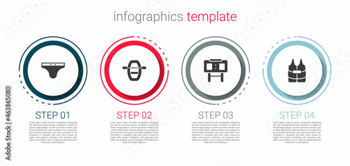 Set Swimming trunks, Boat with oars, Sport mechanical scoreboard and Life jacket. Business infographic template. Vector