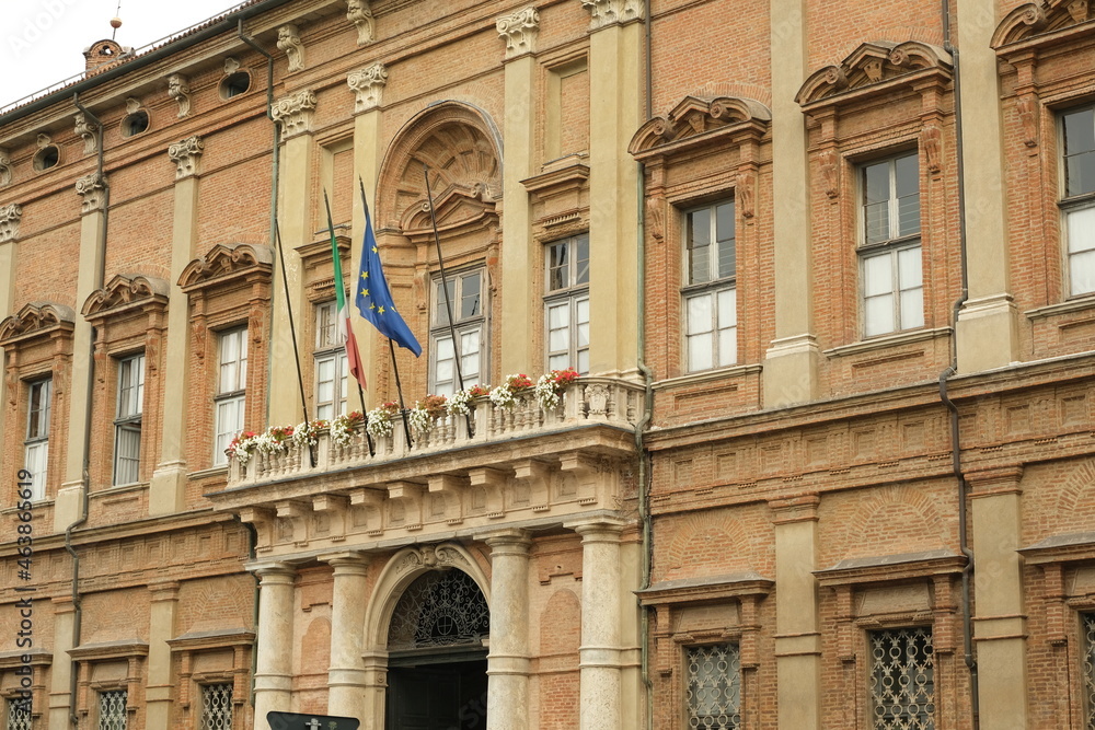 Fototapeta premium Palazzo Ghilini. Palace of the Prefecture of Alessandria.Palazzo Ghilini is a Baroque building built in terracotta bricks, designed by Benedetto Alfieri. 