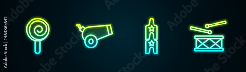 Set line Lollipop, Cannon, Circus ticket and Drum with drum sticks. Glowing neon icon. Vector
