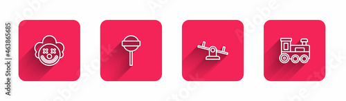 Set line Clown head, Lollipop, Seesaw and Toy train with long shadow. Red square button. Vector