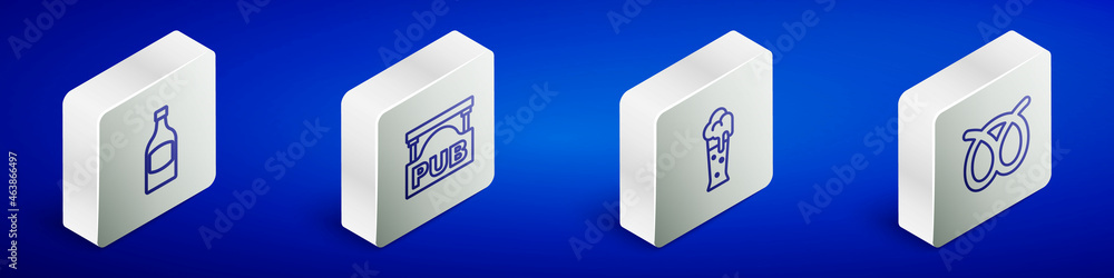 Set Isometric line Beer bottle, Street signboard with Pub, Glass of beer and Pretzel icon. Vector Set Isometric line Beer bottle, Street signboard with Pub, Glass of beer and Pretzel icon. Vector