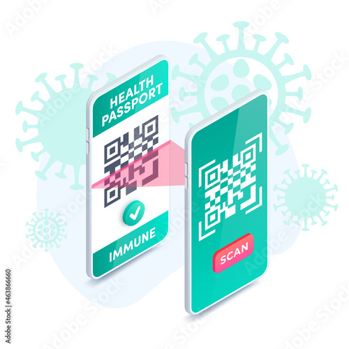 Smartphone Scan health passport QR code concept. 3d Mobile Phone Scanning bar code proof, Covid-19 Digital immunity passport QR verification isometric vector. Electronic vaccination certificate app