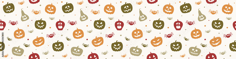 Banner with funny pumpkin lanterns and spiders. Halloween seamless pattern. Vector Banner with funny pumpkin lanterns and spiders. Halloween seamless pattern. Vector