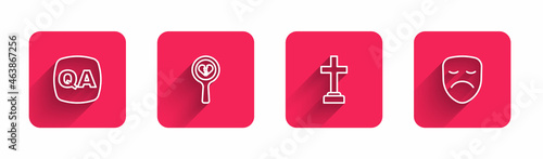 Set line Question and Answer, Broken heart or divorce, Graves funeral sorrow and Drama theatrical mask with long shadow. Red square button. Vector