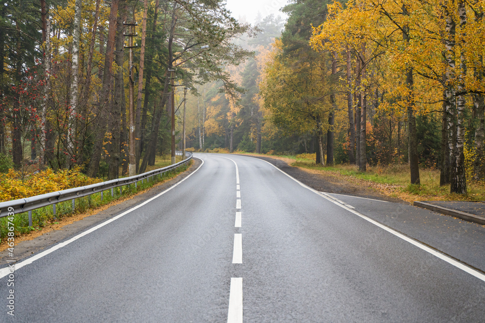 Road in the autumn forest. Highway, beautiful autumn nature, yellow trees and October. Road in the autumn forest. Highway, beautiful autumn nature, yellow trees and October.