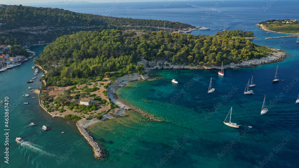 Aerial drone photo of iconic port of Gaios a natural fjord bay ideal for safe anchorage in island of Paxos, Ionian, Greece