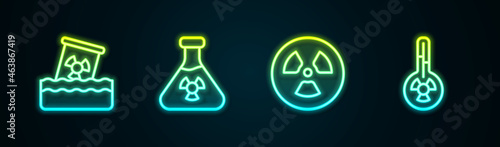 Set line Radioactive waste in barrel, Test tube radiation, and Meteorology thermometer. Glowing neon icon. Vector