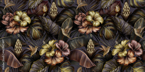 Gold hibiscus flowers bouquets, protea flowers, banana leaves, palm, hummingbirds. Tropical exotic vintage seamless pattern. Hand-drawn 3D illustration. Good for luxury wallpapers, cloth, fabric print © alenarbuz