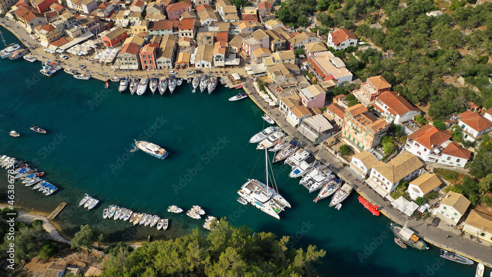 Aerial drone photo of iconic port of Gaios a natural fjord bay ideal for safe anchorage in island of Paxos, Ionian, Greece