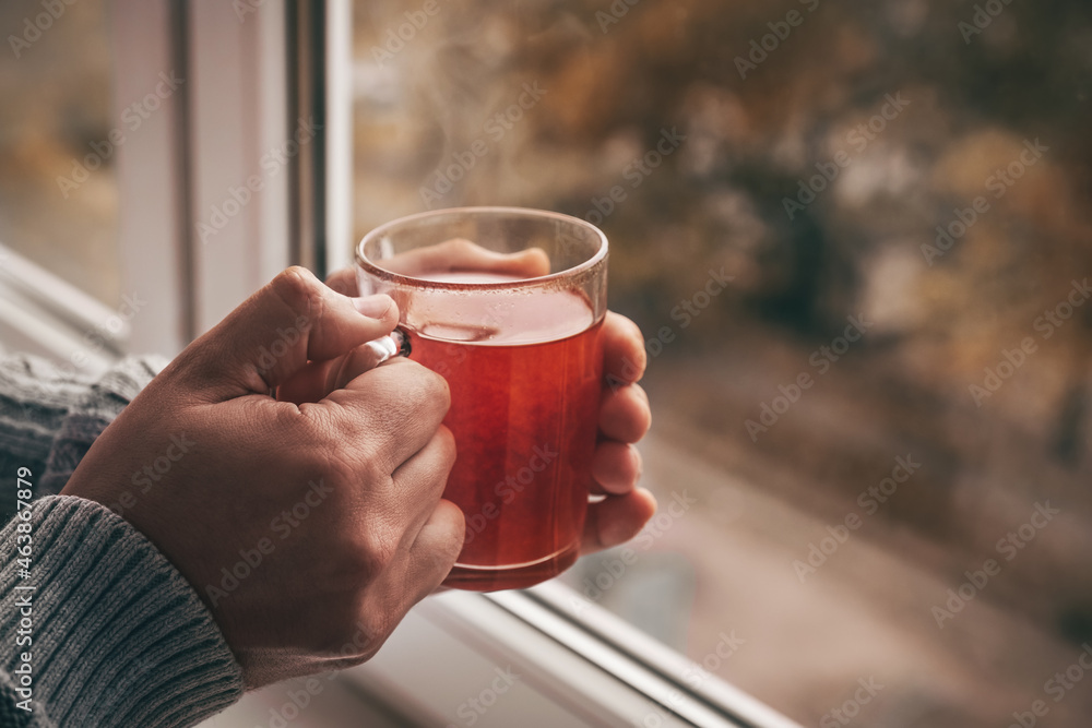 Male hands with a cup of hot tea near the window. Cozy home atmosphere. Lifestyle at home autumn winter season Male hands with a cup of hot tea near the window. Cozy home atmosphere. Lifestyle at home autumn winter season