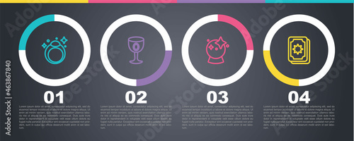 Set line Magic stone ring, Medieval goblet, ball and Tarot cards. Business infographic template. Vector