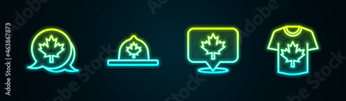 Set line Canadian maple leaf, ranger hat, and Hockey jersey. Glowing neon icon. Vector