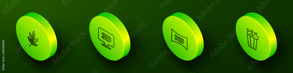 Set Isometric line Movie trophy, 3D word, Hd movie, tape, frame and Popcorn in cardboard box icon. Vector Set Isometric line Movie trophy, 3D word, Hd movie, tape, frame and Popcorn in cardboard box icon. Vector