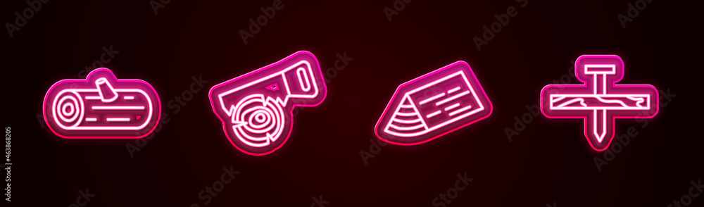 Set line Wooden logs, Hand saw and, beam and Metallic nail. Glowing neon icon. Vector Set line Wooden logs, Hand saw and, beam and Metallic nail. Glowing neon icon. Vector