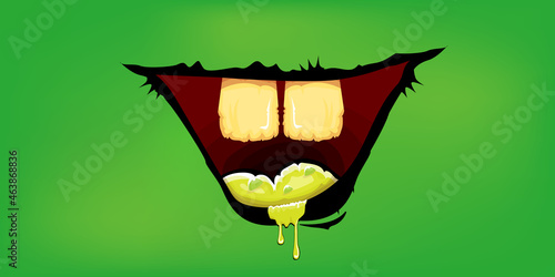 Vector cartoon funny zombie monster mouth with rotten teeth isolated on green background. Vector happy Halloween kids t-shirt design template with funky monster mouth