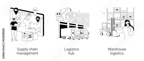 Goods transportation and storage abstract concept vector illustrations.