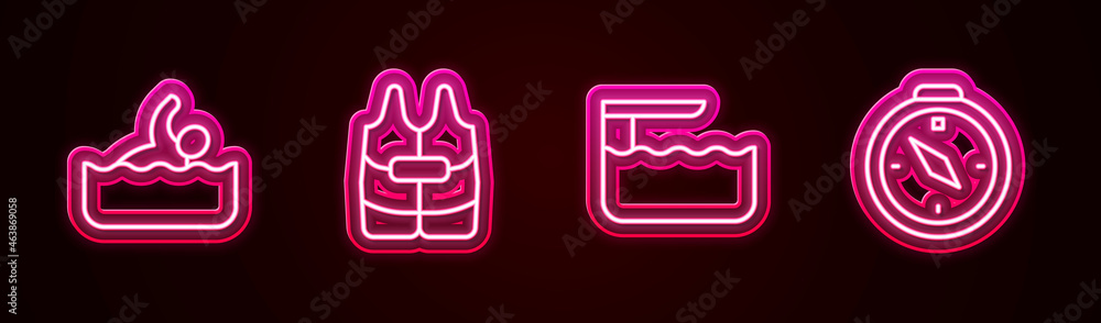 Set line Swimmer, Life jacket, Diving board or springboard and Compass. Glowing neon icon. Vector Set line Swimmer, Life jacket, Diving board or springboard and Compass. Glowing neon icon. Vector