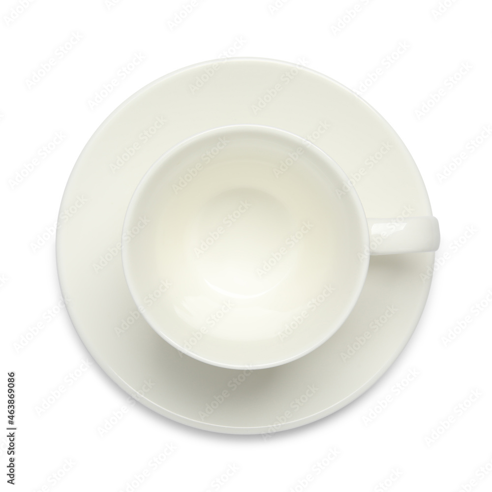 Empty ceramic cup and saucer isolated on white, top view Empty ceramic cup and saucer isolated on white, top view