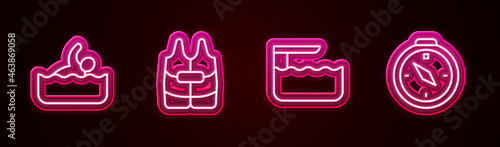 Set line Swimmer, Life jacket, Diving board or springboard and Compass. Glowing neon icon. Vector