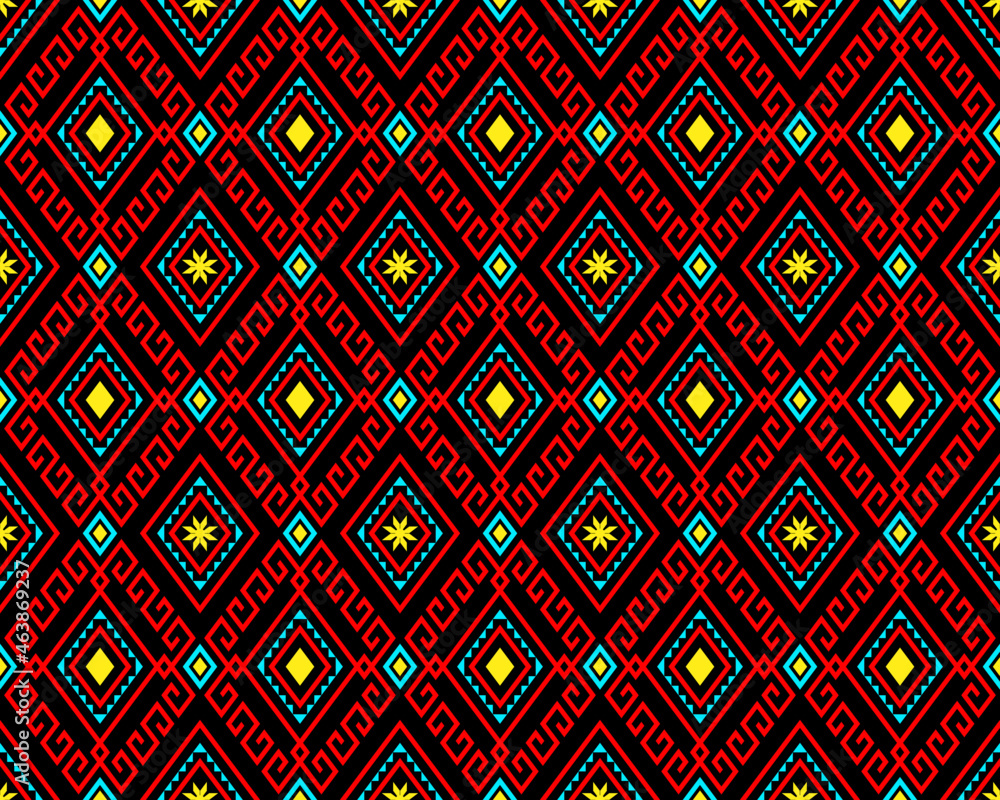 Red Turquoise Tribe or Ethnic Seamless Pattern on Black Background in Symmetry Rhombus Geometric Bohemian Style for Clothing or Apparel,Embroidery,Fabric,Package Design